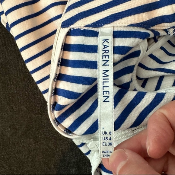 Karen Millen Cold Shoulder 3/4 Sleeve Striped Mock Neck Top, Size 4, Blue White - Picture 4 of 8